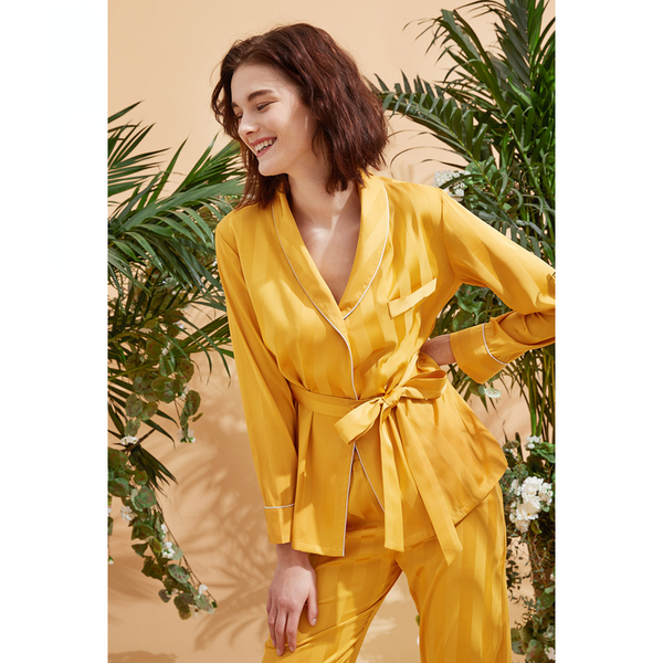 Women's yellow long-sleeved lace-up silk pajamas two-piece housewear suit female autumn