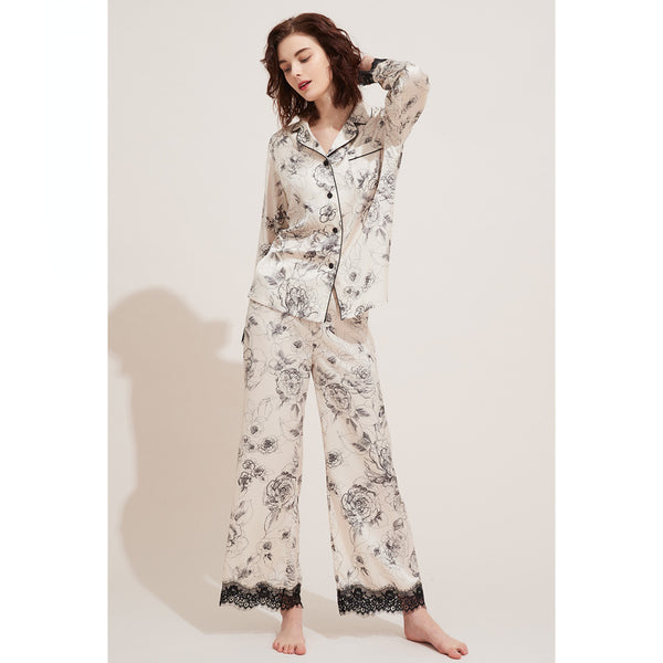 Sexy Lace Fashion Printed Long-Sleeved Pajamas Two-Piece Homewear Suit