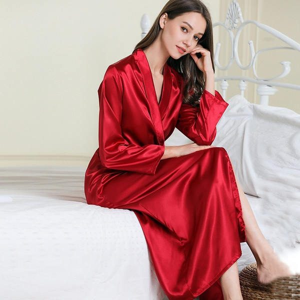 Lapel Long Ice Silk Robe Women's Sexy Pajamas Homewear
