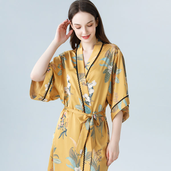 Nightgown Women's Thin Silk Texture Antique Design Sunflower Printing Luxury Morning Gowns