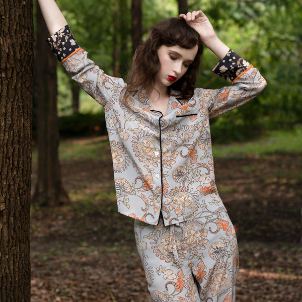100% Silk Printed Natural Silk Two-Piece Silk Homewear Pajamas
