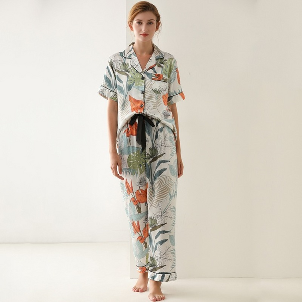 New Pajamas Leaf Printed Summer Short Sleeve Loose Pajamas Suit