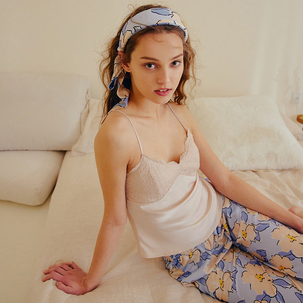 Silk Pajamas Women's Printed Chest Pad Homewear with Braces Two-Piece Suit