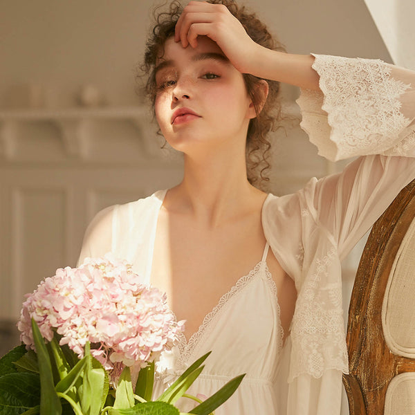 Spring and Summer Sexy Lace V-neck Mesh Palace Style Long Sleeve Nightgown Suspender Skirt Pajamas Two-Piece Set